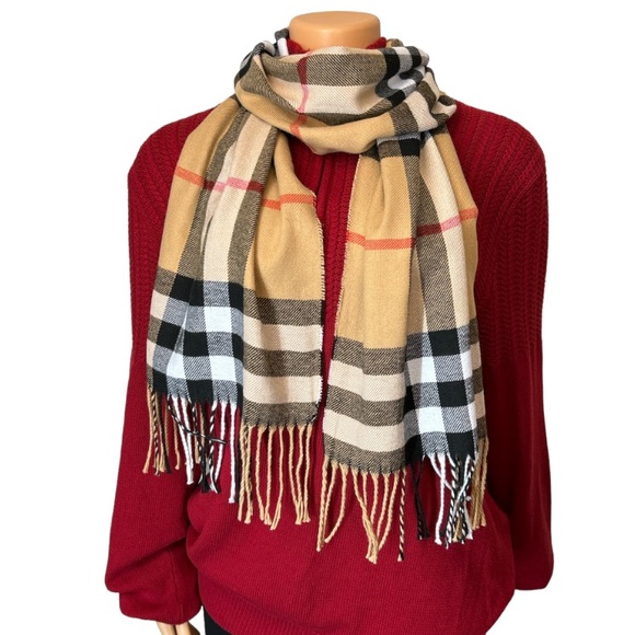 Tartan Plaid Scarf with fringe oblong 100% acrylic. tan white black 70 X 13 new - Picture 9 of 11